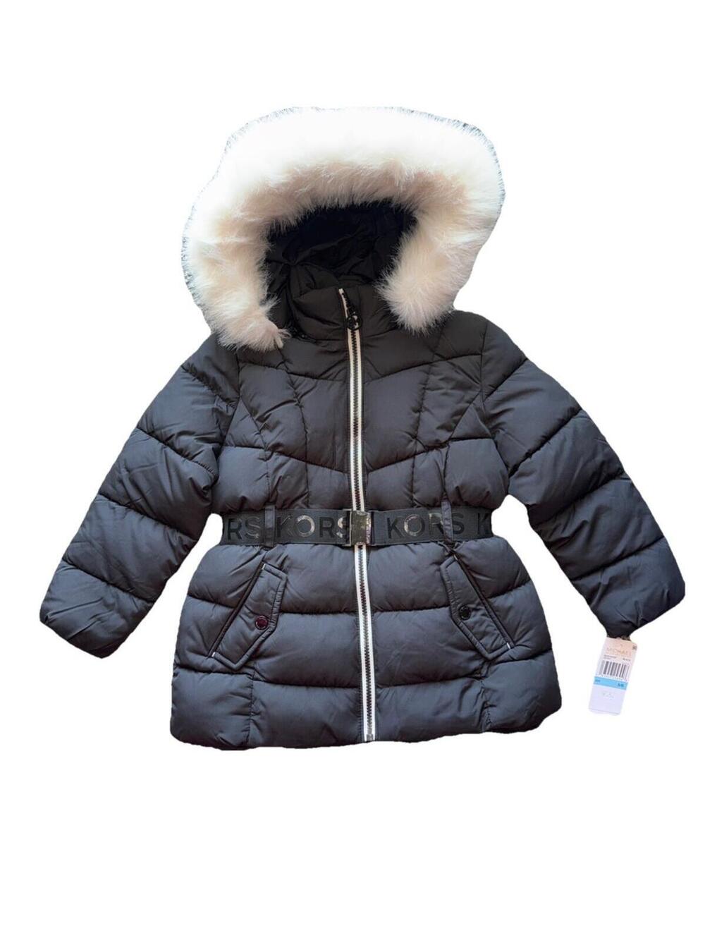 Michael Kors Girls Black Puffer Jacket Faux Fur Hood Belted Winter Coat Size 5/6
